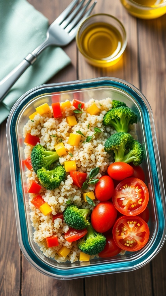 Meal prep container with quinoa, bell peppers, broccoli, and cherry tomatoes on a wooden table.